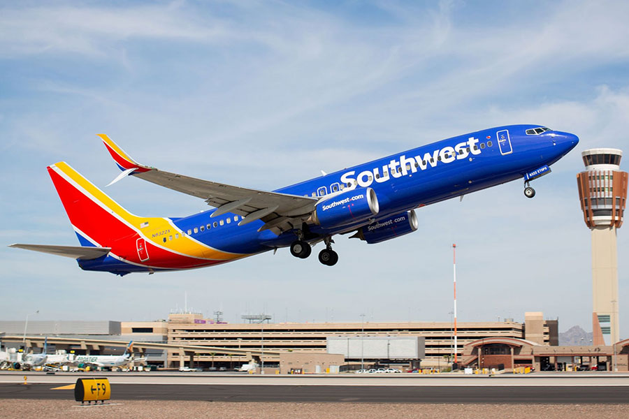 southwest airlines plane taking off.