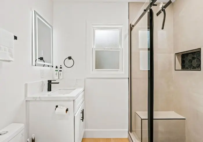 Bathroom vanity and glass walk-in shower in Deluxe Queen suite.