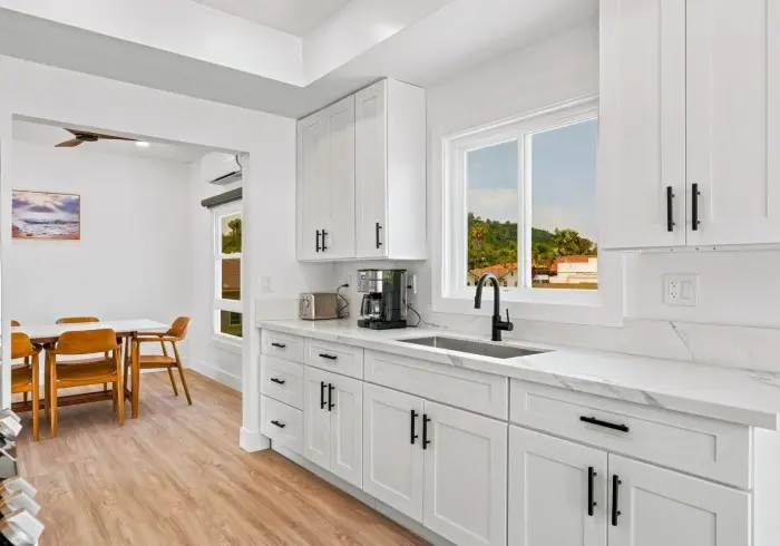 Modern kitchen counter and cabinets in Penthouse plus Studio.